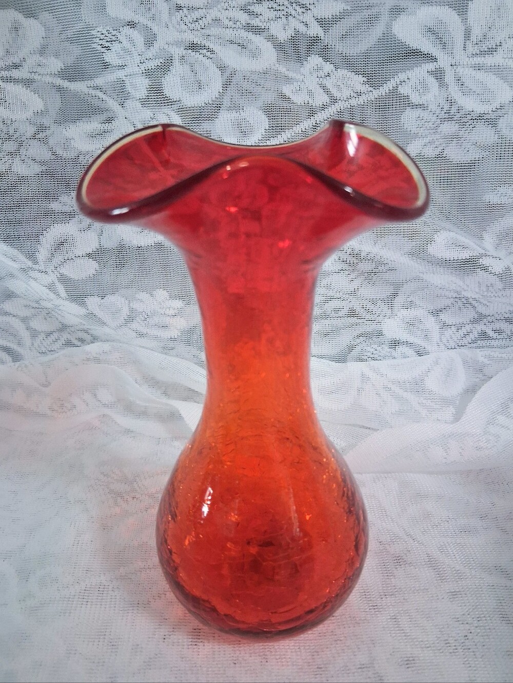 Vintage Rainbow Glass Co. Viking Crackle Tangerine Vase Mid Century Modern Art